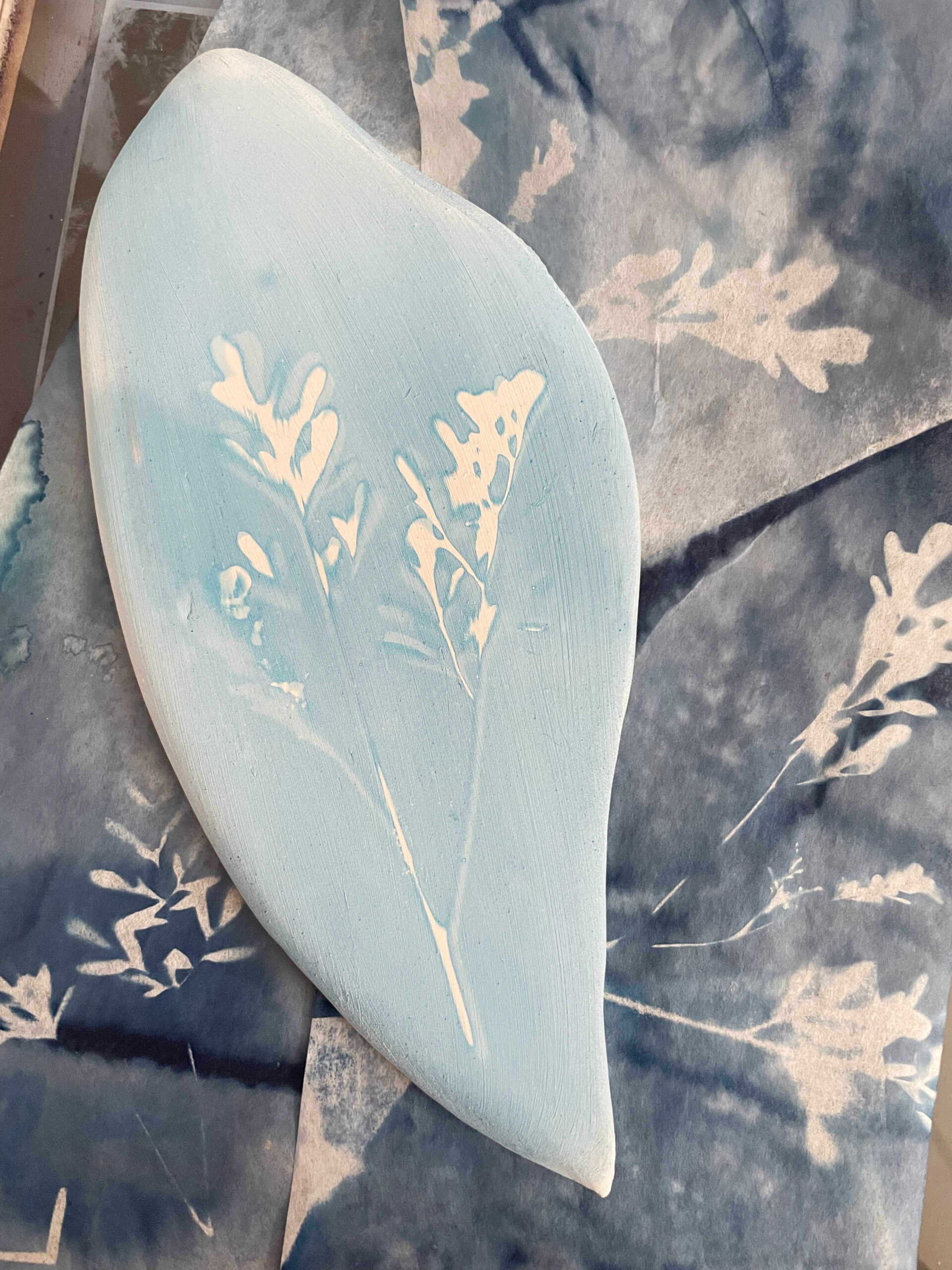 a sky blue ceramic cyanotype of a stem of rue, sitting on top of filter paper that's been made into a cyanotype using the same plant, but the paper is dark to light blue